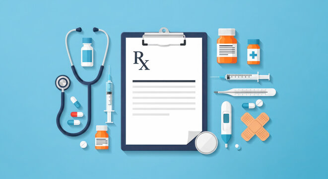 Medical illustration featuring a stethoscope, prescription pad, syringes, various medications, and a thermometer arranged on a blue background, showcasing healthcare essentials and tools