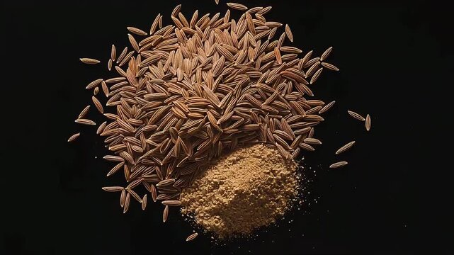 Ultra cinematic close-up of whole cumin seeds and ground cumin powder on dark background, bold earthy tones, rich texture, premium spice ingredient concept.