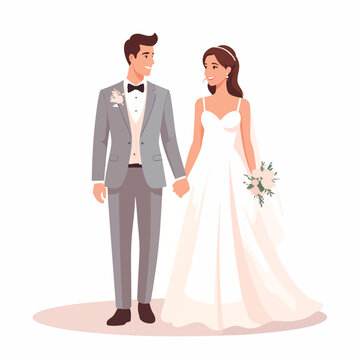Illustration of a newlywed couple holding hands, bride in white wedding dress holding flowers, groom in gray suit, standing together happily