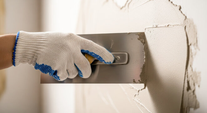 Hand of a construction worker applying plaster to a wall with a trowel, showcasing the texture and technique of wall finishing during renovation work
