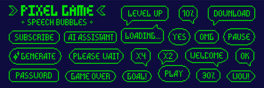 Pixel art set of speech bubbles. Green simple elements on dark background.