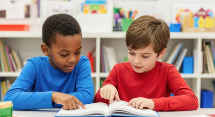 Two young boys reading a book together at a table in a classroom with colorful educational materials and bookshelves in the background