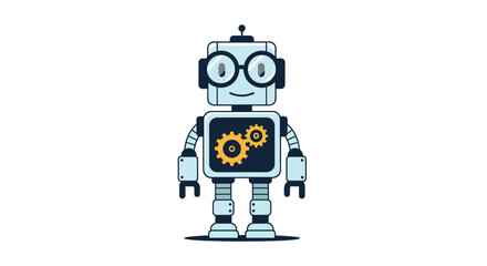 Fototapeta premium Friendly little robot with large round glasses and golden gears visible on its chest standing in a simple flat vector design.