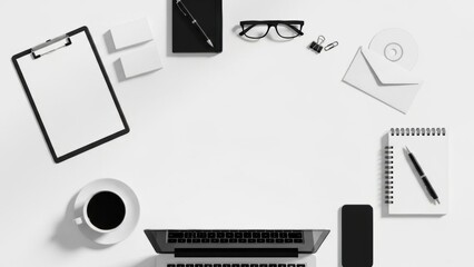 A minimalist workspace with a laptop, coffee, notebook, and office supplies on a white background.