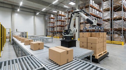 Automated robotic arm sorting packages on a conveyor belt within a modern warehouse with tall shelving