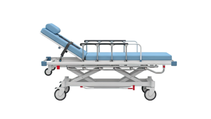 Adjustable Medical Stretcher with Blue Padding and Wheels