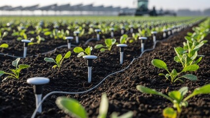 Agricultural field with young plants and modern soil sensors, showcasing precision farming technology in modern agriculture