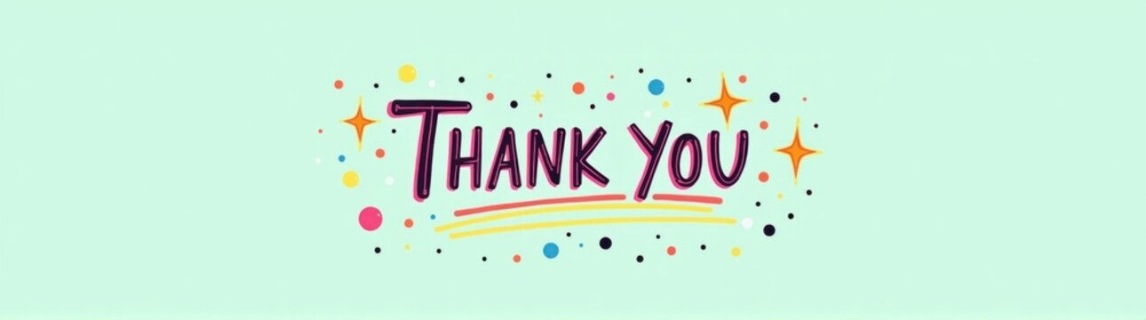Thank you card with colorful text and stars on a green background