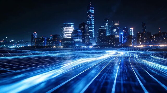Modern city skyline with blue digital grid network