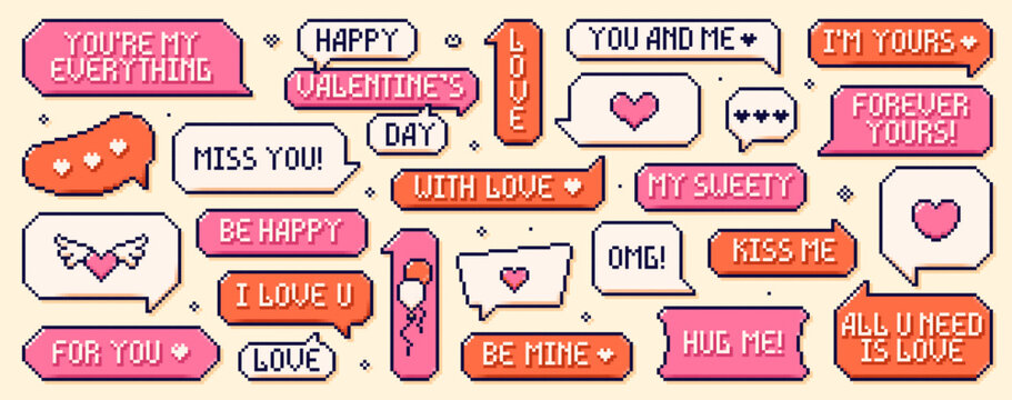 Pixel art Happy Valentine Day speech bubbles.