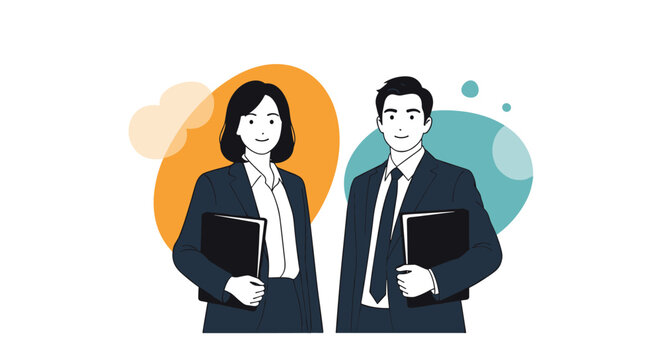 Professional man and woman in business suits holding black folders while standing against a colorful abstract shapes background.