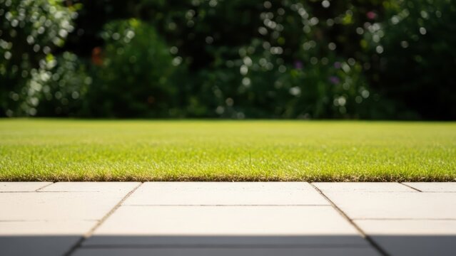 Green lawn and paving stone background with blurred greenery and soft focus