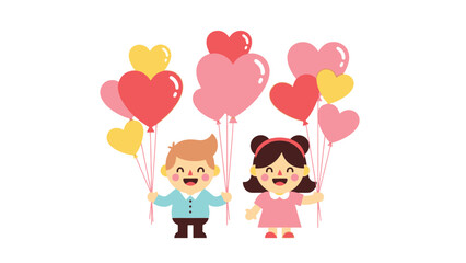 Cartoon illustration of a happy boy and girl holding heart-shaped balloons on strings against a plain white background with a joyful atmosphere.