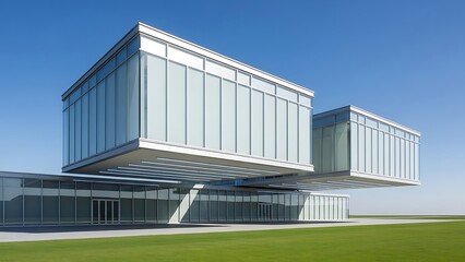A new modern commercial office building features a sleek glass and steel structure with metal exterior walls under a clear blue sky