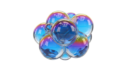 Cluster of iridescent soap bubbles on white background