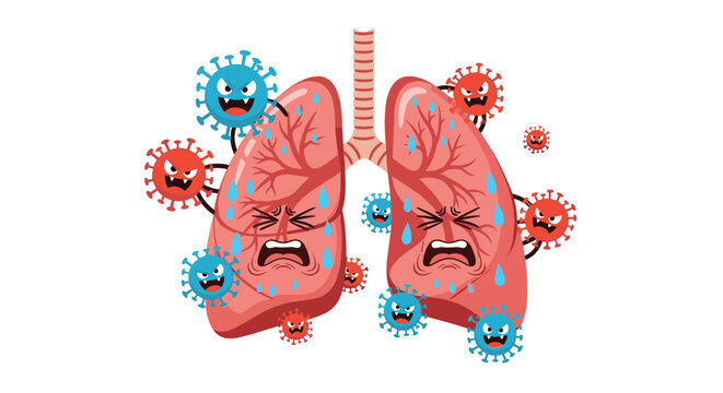 Medical illustration showing human lungs being attacked by various colorful cartoon virus pathogens representing respiratory illness or infection.