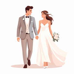 Fototapeta premium Bride and groom walking together, holding hands, and smiling at each other on their wedding day illustration