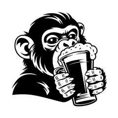 stylized black white monkey holding beer glass, bold graphic animal illustration with playful bar drinking concept.