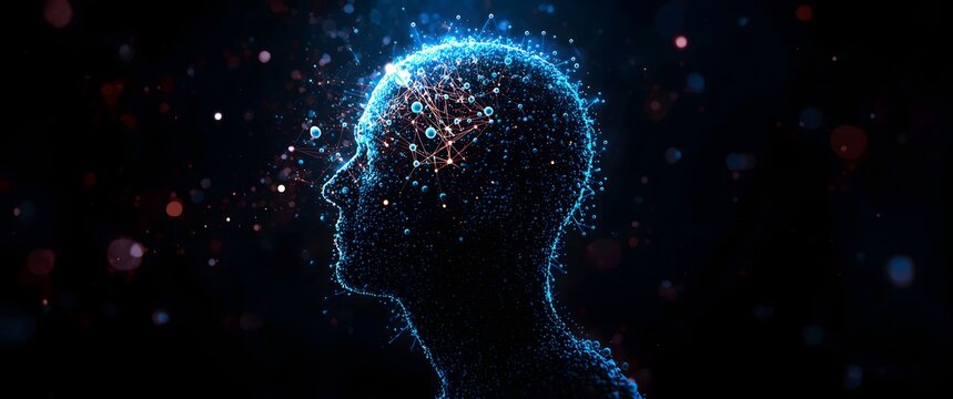 Quantum philosophy concept: A visual of brain and consciousness. Abstract Silhouette of Thought Formed by Quantum Particles Concept