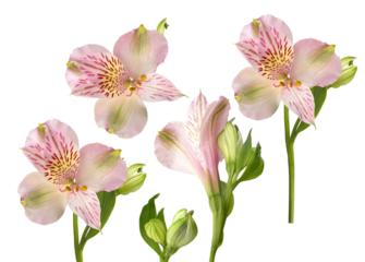 array of pastel pink alstroemeria flowers and buds artfully arranged against a dark background, highlighting intricate petal details and soft coloration.