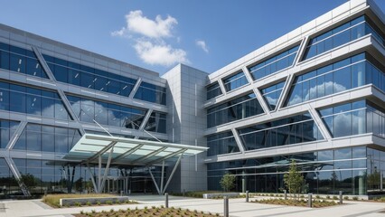 Naklejka premium Modern corporate building architecture exterior design with glass facade and blue sky