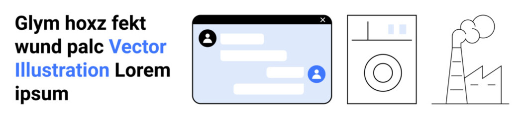 Obraz premium Digital communication, home appliances, industrial processes, technology trends, environmental impact, modern production. Chat window, washing machine and factory with smoke. Communication and home