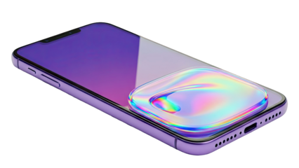 Purple smartphone with holographic liquid splash on screen