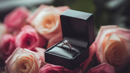 Diamond ring in box amidst pink and white roses