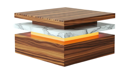 Modern layered coffee table with wood, marble, and LED lighting