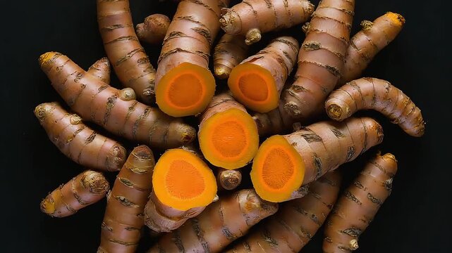 Cinematic macro close-up of fresh turmeric roots with vibrant orange slices, dark dramatic background, rich texture, organic herbal ingredient, powerful natural wellness concept.
