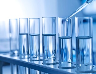 A close-up of test tubes with a pipette dropping liquid