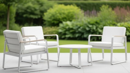 Outdoor patio furniture white chairs and table in garden setting