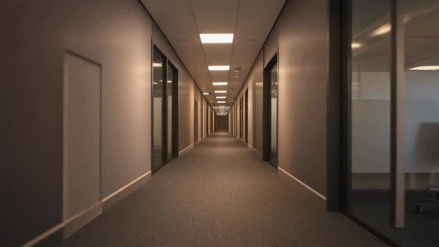 Empty corporate office corridor featuring multiple doors and bright ceiling lights