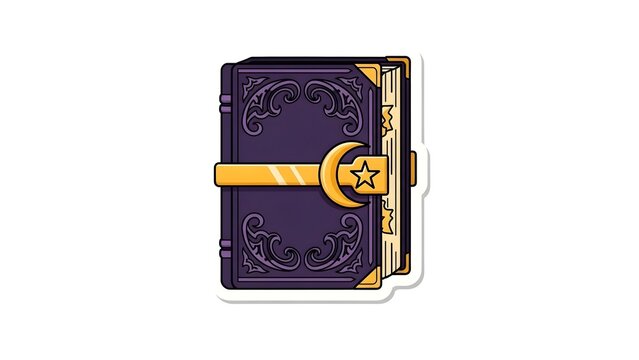 An ornate, purple journal with gold accents is centered on a clean background, viewed directly from the front.