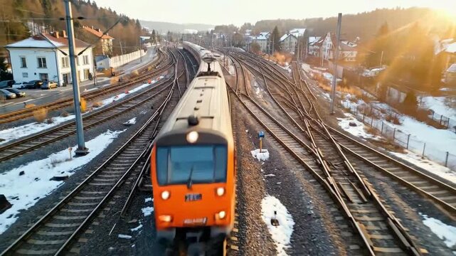 Aerial view of a train moving along multiple tracks through a station.