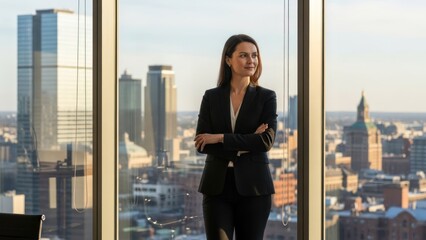 Plakat Professional woman with arms crossed looking out over cityscape through large window sunlight and copy space