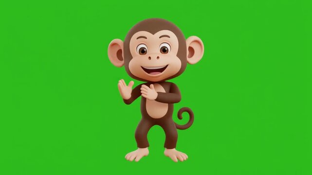 A cute smiling 3D cartoon monkey character clapping its hands on a green screen