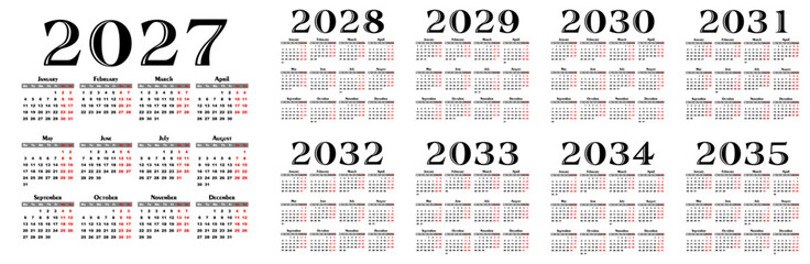 A set calendar templates for a year 2027 - 2035.
