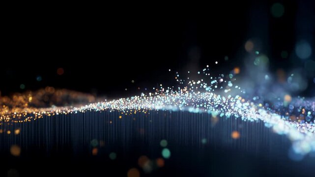 Abstract shimmering light particles forming smooth wave expressing data flow motion digital energy technology innovation and elegant futuristic background