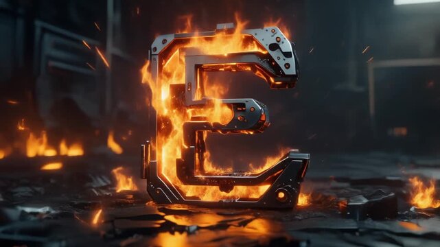 Large metal letter E burning with bright orange flames on dark ground