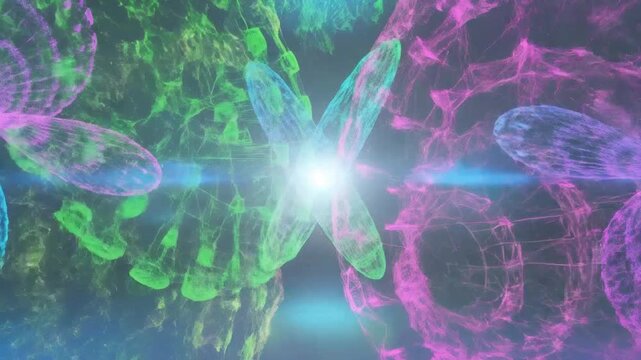 Abstract glowing wireframe shapes create a futuristic and vibrant background design.