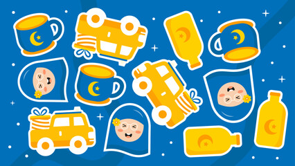 Blue themed pattern showing girl in blue hijab yellow travel car and crescent moon accessories for eid mubarak © Hamster