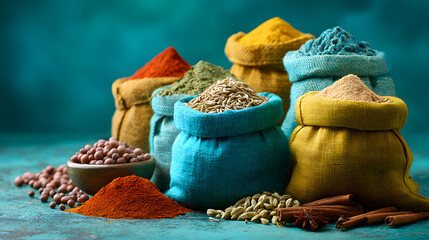Colorful Spices Displayed in Sacks: Aromatic Ingredients for Culinary Delights and Global Flavors, Offering a Rich Tapestry of Textures, Colors and Aromas, Still Life
