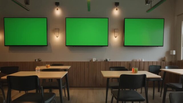 Modern dining area with three green screen televisions and empty tables