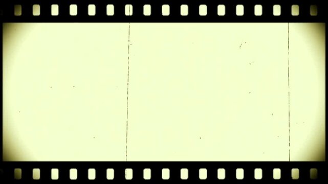 Super 8 film frame dynamic texture. Black vignette with sprocket hole or perf on side. Dust, scratchers, hair, noise and grain effect. Realistic film burn background. Retro, vintage style 4K animation