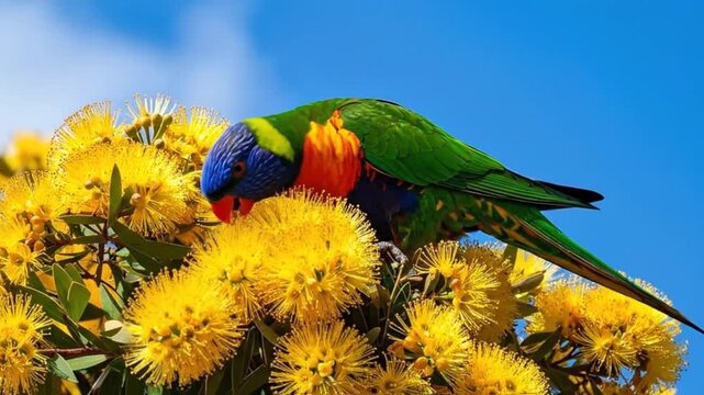 Vibrant rainbow lorikeet perched among bright yellow flowers against a clear blue sky.