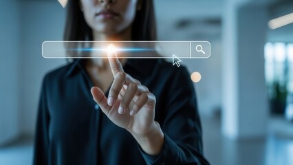 Unrecognizable adult woman interacting with a digital search interface, seeking information online. Concept of technology and connectivity