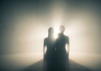 Silhouetted Couple Sitting in Bright Backlit Environment Creating Dramatic Atmosphere