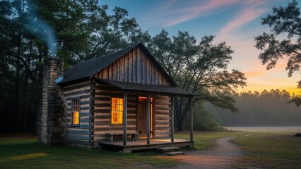A rustic log cabin with a smoking chimney in a forest at sunset. Cozy home with glowing windows in a secluded woodland setting