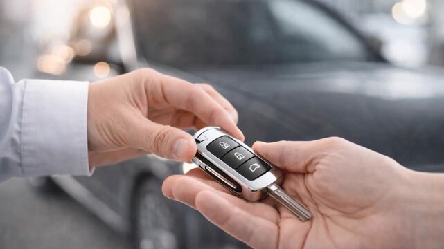 Male hand giving a car key for vehicle loan credit financial, lease or rental concept.

